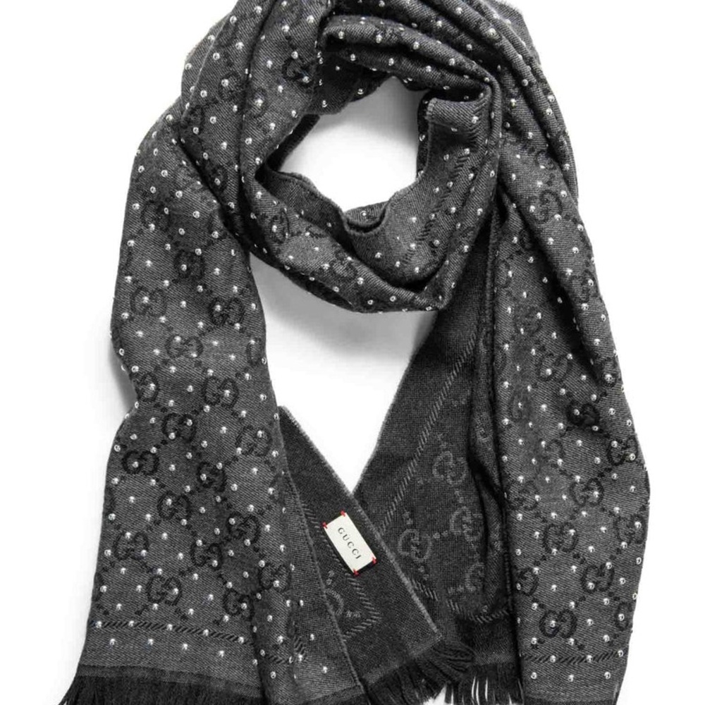 Gucci Supreme Wool Studded Fringe scarf